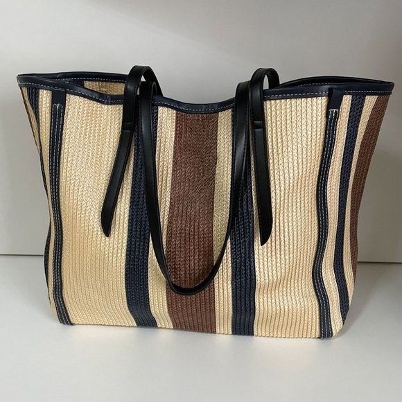 Zara Handbags - Zara Contrast Multi Color Stripe Woven Large Tote Bag